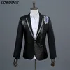 Black White Crystal Men Jacket Fashion Sequins Slim Coat Singer Host Group Chorus Stage Outfit Wedding Prom Party Master Performance Costume