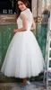 2018 Cheap A Line Wedding Dresses V Neck Cap Sleeves Illusion Lace Applique Beads Zipper Back Plus Size Ankle Length Formal Bridal Gowns