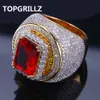 Topgrillz HIP-HOP klassieke goudkleurige kubieke zirkoon grote rode stenen ring persoonlijkheid mode mannen vrouwen sieraden minnaar geschenk