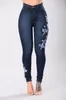 2018 Nueva moda Denim Bordado floral Cintura alta Skinny Jeans Mujer Slim Jeans Pant Plus Size S-3XL