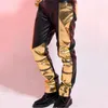 Tide Male Gold Black PU Leather Pants Slim Zipper Leather Trousers Nightclub DJ Singer Rock Hip Hop Stage Costume Drum Dancer Show Clothing