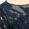 ネイビーブルーの花嫁のイブニングドレス長袖のアップリケレースa-line v-neckカスタムメイド冬の特別な機会ドレス