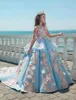 2018 Luxe Filles Pageant Robe avec Peplum Jewel Neck Robe De Bal Bleu Ciel Dentelle Rose 3D Floral Appliques Anniversaire Filles Princesse Robes