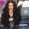 Middle Part Black Body Wave Syntetisk peruk Gluvlös värmebeständig fiber 180densitet spets fram syntetisk peruk med naturlig hårlinje för kvinna