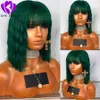 Fashion wavy dark green Synthetic Short lace front Wigs With Bangs For Womens 150density Natural brazilian Hair Full lace front Wigs