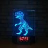 恐竜時計3DイリュージョンナイトライトLED 7色変更デスクランプ家の装飾＃R21