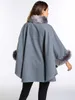 2018 Women Winter Wool Poncho and Capes with Faux Fox Fur Stand Collar Overcoat Flare Sleeve Button Cardigan S-3XL