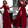 Derin V Yaka Uzun Kollu A-line Gelinlik Modelleri Glamorous Ile Bölünmüş Kırmızı Balo Parti Elbise Abiye giyim Custom Made