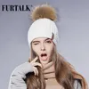 Furtalk Echte Vos Bontmuts Grote Wasbeer Pom Pom Hoed Gebreide Beanie Caps Lente Herfst Vrouwen Winter Hoeden voor meisjes D18110102