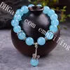 10st Aquamarine Blue Chalcedony 12mm Rund Smoot Loose Pärlor Sträcka Armband med Tibetansk Silver Butterfly Charm Throat Chakra Lugnande