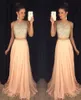 New Two Pieces Prom Dresses Jewel Neck Yellow Peach Chiffon Long Crystal Beads Open Back Party Dresses A-Line Evening Gowns HY1025