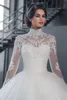 High Collar Sheer Long Sleeves Lace Ball Gown Wedding Dresses Vintage Applique Lace Tulle Bridal Gowns Vestidos De Noiva Custom Made HY336