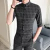 2pcs Vintage Plaid Office Män Sätta Slim Fit Mens Summer Skjortor Heren Kleding Ankel Längd Män Slim Fit Plaid Pants Moda Hombre