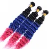 Brasilianska Tre Ton Ombre Mänskliga Hår Vävar Extensions Deep Wave # 1b Blue Pink Ombre Virgin Human Hair Buntlar Deal 3pcs Double Wefts