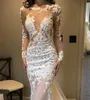 Illusion Romantic New See Through Lace Mermaid Wedding Dresses Long Sleeve Brudklänningar Sexiga applikationer Tulle Custom Made Transpare2565