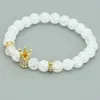 Wholesale White Matte Onyx Stone Bead Bracelet Men Gold-Color Micro Pave Crystal Crown Charm Elstic Bead Bracelet