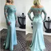 Plus Size Blue Lace Mother Of The Bride Dresses Long Sleeve Wedding Groom Suits Chiffon Off Shoulder Formal Wear Evening Party Gowns