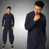 Meditazione buddista Kung Fu tradizionale cinese da uomo Set Camicetta di lino in cotone Pantaloni elastici in vita Abito sciolto etnico per uomo