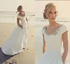 2018 Cheap A Line Wedding Dresses Scoop Neck Cap Sleeves Beads Crystal Beach Bohemian Pockets Long Vestidos Boho Plus Size Bridal Gowns