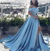 Sky Blue Muslim Evening Dresses A-Line Cap Sleeves slits Sexig formell islamisk Dubai Kaftan Saudiarabisk lång kvällsklänning