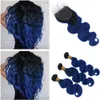 Волна тела #1B / синий Ombre индийские девственные человеческие волосы утки с 4x4 кружева закрытия Ombre темно-синие пучки человеческих волос сделок с закрытием