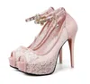 Белый Кружево Свадебная обувь Женщины Высокий каблук насосы лодыжки ремень платформы Peep Toe Размер обуви 34 до 39