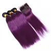 Straight Purple Ombre Virgin Peruansk Human Hair Bundle handlar om stängning 4st Two Tone 1bpurple Ombre Weaves med 4x4 spets 2963007