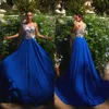 Sexy Haft Szyfonowy Prom Dresses Moda Royal Blue Sheer Jewel Neck Zipper Powrót Suknie Wieczorowe Zobacz przez Sweep Pociąg Suknie Wieczorowe