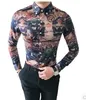 3XL-M 나이트 클럽 셔츠 남자 한국어 레트로 슬림 피트 긴 소매 턱시도 셔츠 사회 세련된 프린트 파티 드레스 Chemise Homme 판매