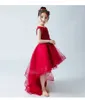 Czerwony Wysoki Niski 3D Appliqued Flower Girls Sukienki na Wesela Zroszony Toddler Pagewant Suknie Hollow Powrót Organza Kids Prom Dress