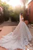 Vintage 3D Floral apliques vestidos de casamento 2019 grânulos de luxo fora do vestido de bola de ombro Backless Bateau Sheer pescoço vestidos nupciais trem trem