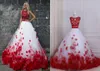 Rote und weiße Ballkleid-Abschlussballkleider, zweiteilig, neu, günstig, mit Juwelenausschnitt, Spitzenapplikation, 3D-Blumenblumen, Tüll, langes Abendkleid