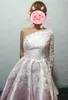 Real Po Pink Satin White Lace Cocktail Dresses One Shoulder Applique A Line Short 34 Long Sleeve Homecoming Dress Prom Party G4146523