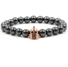 New 8mm Black Stone Hematite Bracelets Zircon Skull Helmet Beads Bangles For Women & Men Gift