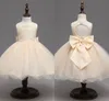 Champagne 2022 Flower Girl Dresses With Bow Princess Baby Birthday Lace Kids Jewel Neck Backless Puffy Wedding Party Girls Gown Pageant