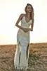 Elegant Beach Wedding Dresses Side Split Floor Length Backless Spaghetti Appliqued Lace Bridal Gowns Sleeveless Modest Country Wedding Dress