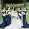 Dark Navy Satin Long Bridesmaid Dresses Off Shoulder Sleeves Mermaid Prom Gowns Cheap Simple Formal Party Gpwms