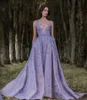 Glamorous Lavender Embroidery Evening Dress Sheer Jewel Neck Lace Appliques See Through Red Carpet Dress Sexy Dubai Formal Prom Dresses