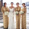 Cheap Hot Bridesmaid Dresses V Neck Long Sleeves Gold Full Lace Appliques Side Split Beading Ruched Wedding Guest Maid Of Honor Gowns