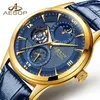 Aesop Moon Phase Calendar Blue Dial Gold Mens Mekaniska Klockor Top Äkta Läderrem Skelett Klocka