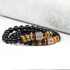 Mężczyźni Złota Bransoletka Hurtownie Micro Pave Black CZ Sześciokąt Zroszony Bransoletki z 8mm Natural Black Onyx Tiger Eye Kamienne koraliki