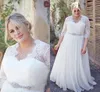 Vintage V-Ausschnitt Spitze Brautkleid Halbarm Illusion Kristall Perlen Pailletten Schärpe Chiffon Plus Size Hochzeit Brautkleider Neu