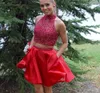 Sparkly Red Two Pieces Korte Prom Jurken Hoge Hals Sleutelgat Rug Crystal Bodice A Line Satijn Homecoming Party Avond Formal Towns Long