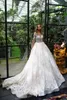 Abiti da sposa in pizzo pieno Paese modesto con maniche lunghe Gioiello Collo trasparente Illusion Corpetto Abito da sposa Sweep Train