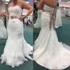 Strapless Original Lace Whole Applique Mermaid Wedding Dress with Champagne Sash Hand Made Flowers Plus Size Bridal Dress In Ship