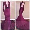 2019 Sexig Bourgogne Grape Mermaid Prom Dresses Black Appliced ​​långa ärmar Plunging V Neck Black Girls African Party Evening Gowns8021985