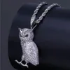 Luxo gelado para fora de aço inoxidável animal coruja pingente colar com 60cm corda corrente micro pave zircônia cúbica simulado diamantes pend310n