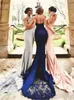 Modest Mermaid Halter Appliques Beads Backless Trumpet Navy Blue/Blush/Silver Bridesmaid Dresses Wedding Party Evening Gowns