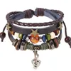 Handmade Boho Gypsy Hippie Design Brown Leather With Star Note Metal Charms Wood Button  Wrap Unisex Adjustable Bracelet