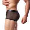 Sexiga mesh herrar gay underkläder boxare homme nylon faux läderpåse män transparent boxershorts cueca underbyxor man underkläder203b